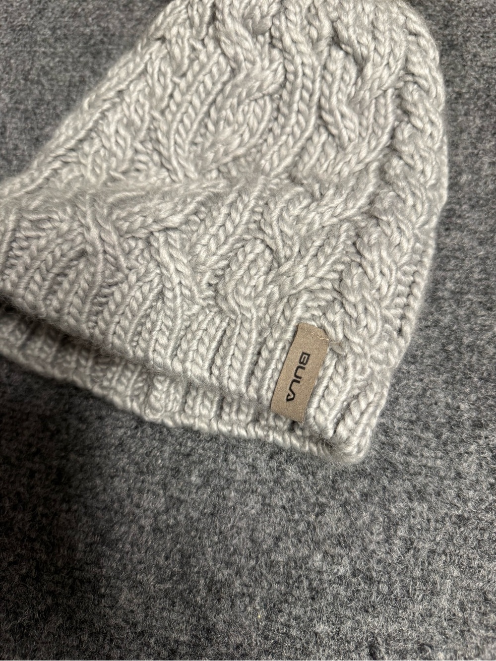 Cable Knit Pom Beanie in Light Gray with Faux Fur Pom - Picture 2 of 5